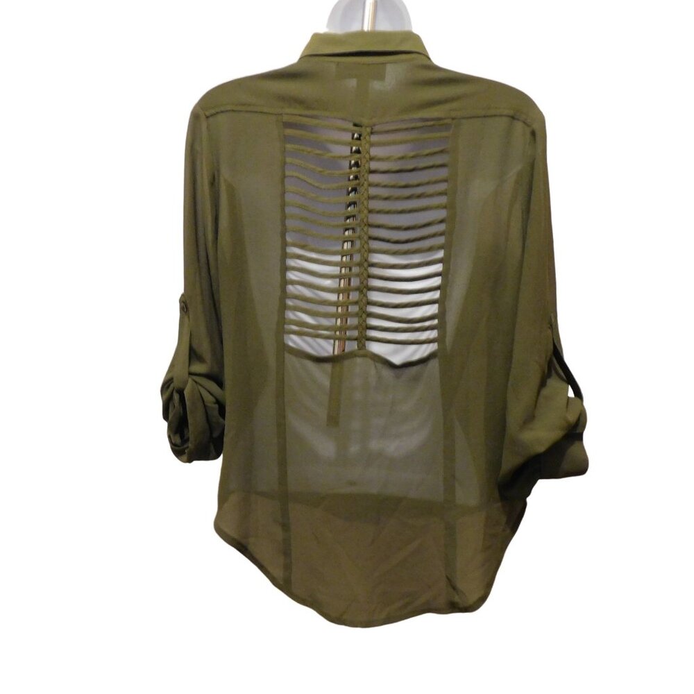 Women's Dejavu Green Long Sleeve Blouse Sz.L Cut Out Back - Picture 2 of 8